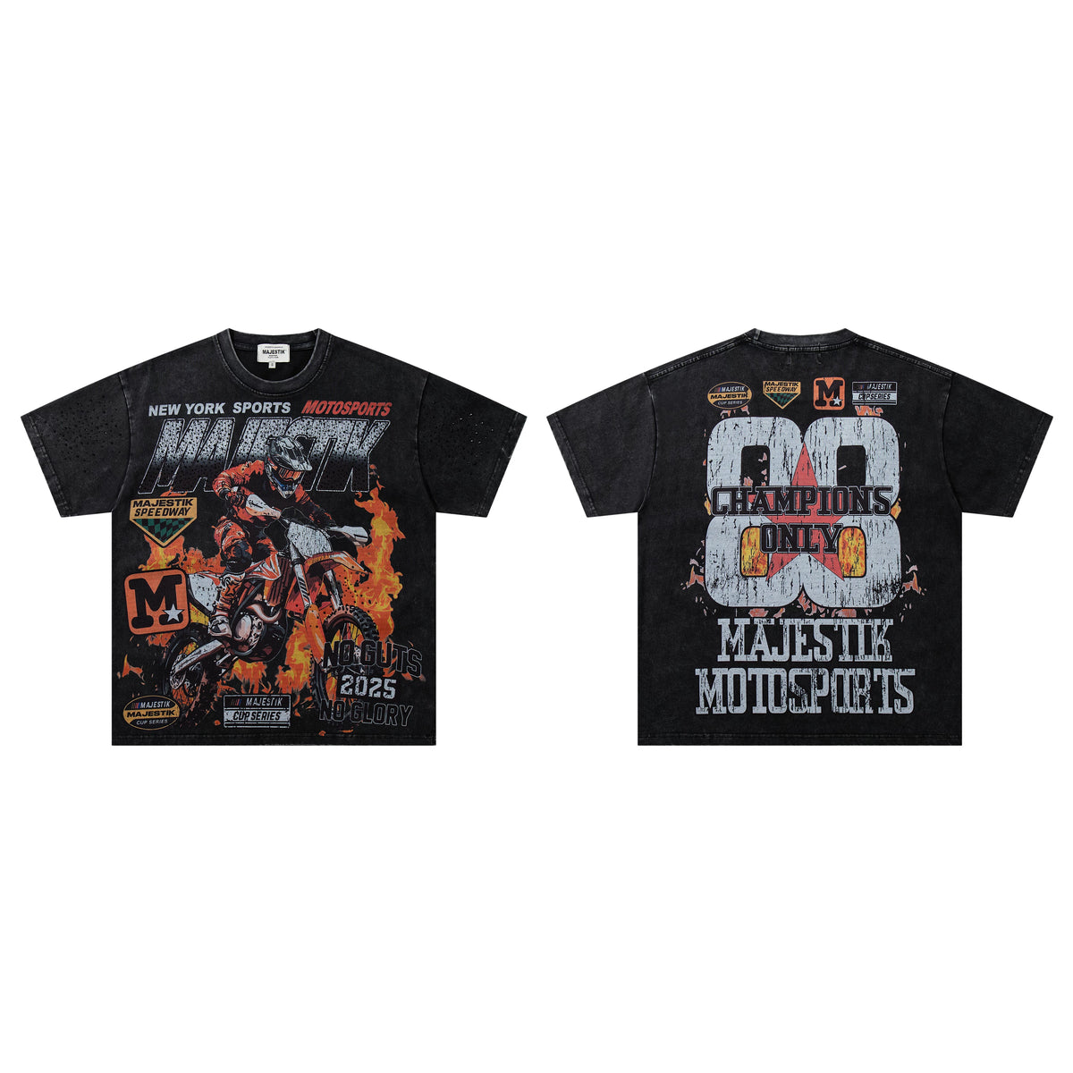 Majestik New York Sports Motosports 88 Champions Only Dirt Bike Fire Vintage Washed Black Oversized Graphic Tee