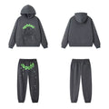 SP5DER Web Graphic Pullover Hoodie and Sweatpants Matching Set - Charcoal Grey / Neon Green