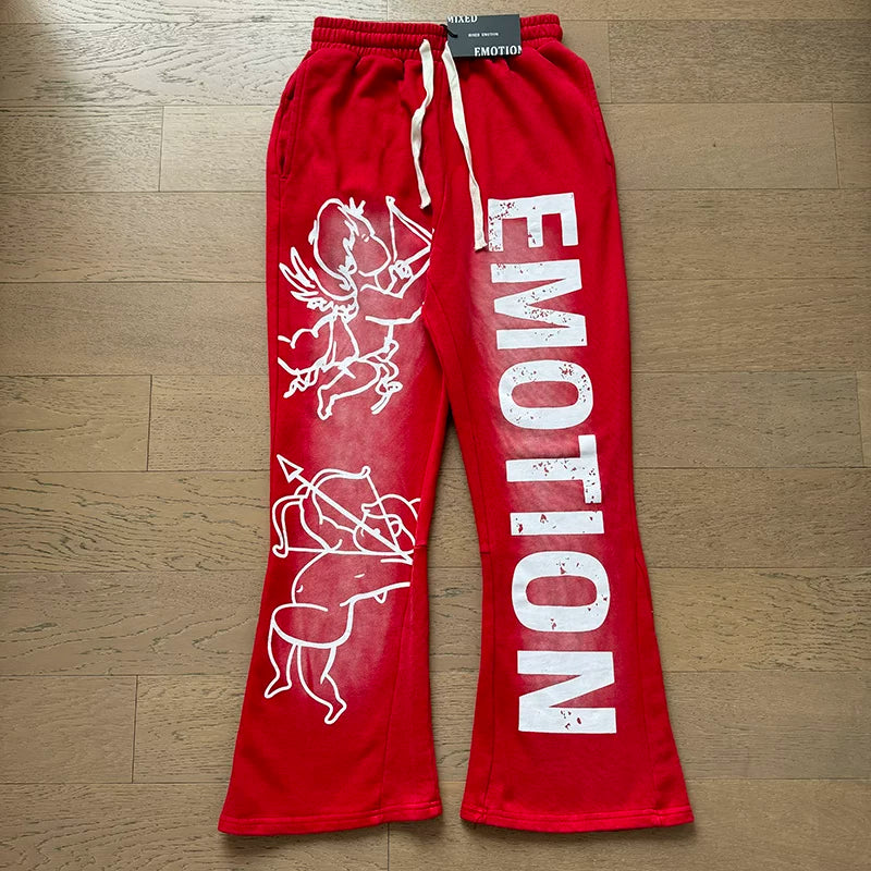 MIXED EMOTION Cupid Angel Print Vintage Washed Red Flared Sweatpants