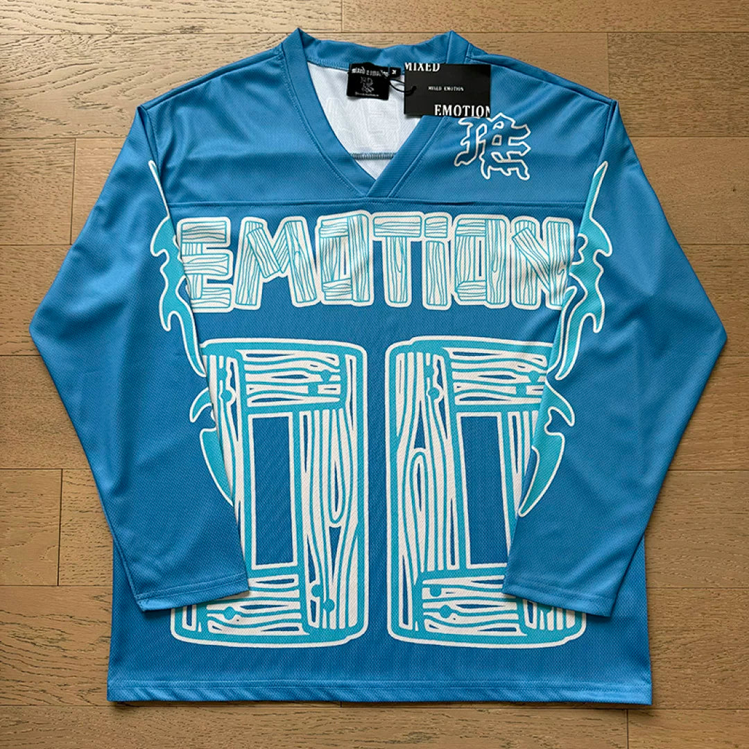 MIXED EMOTION Woodgrain 00 Football Jersey Bright Blue V‑Neck Long Sleeve