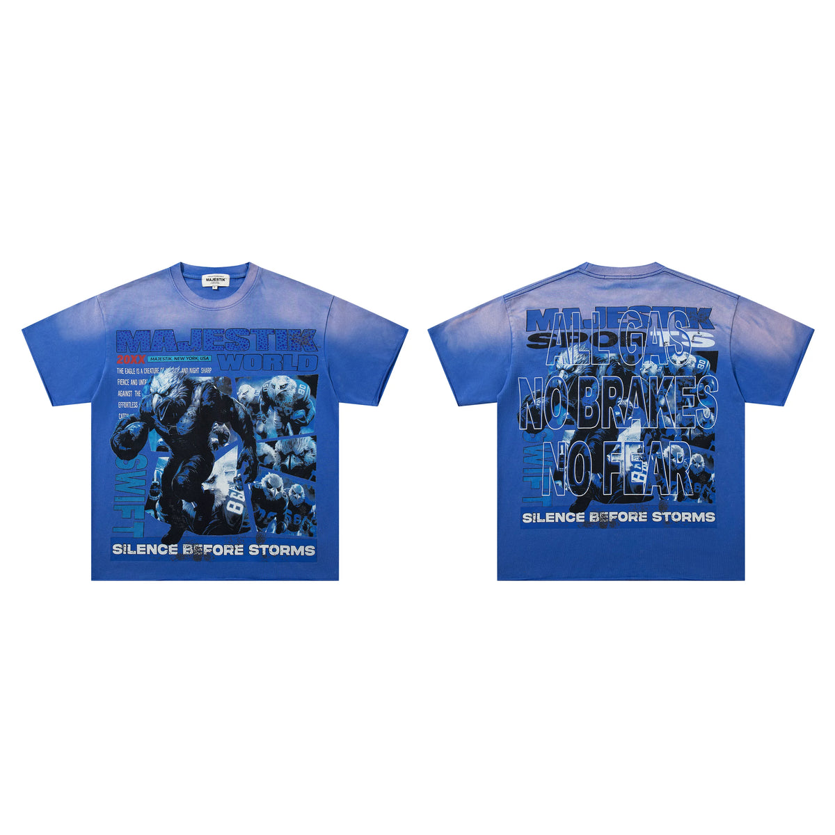Majestik World Swift No Brakes No Fear Gorilla Silence Before Storms Vintage Washed Blue Oversized Graphic Tee Unisex Street‑wear T‑Shirt