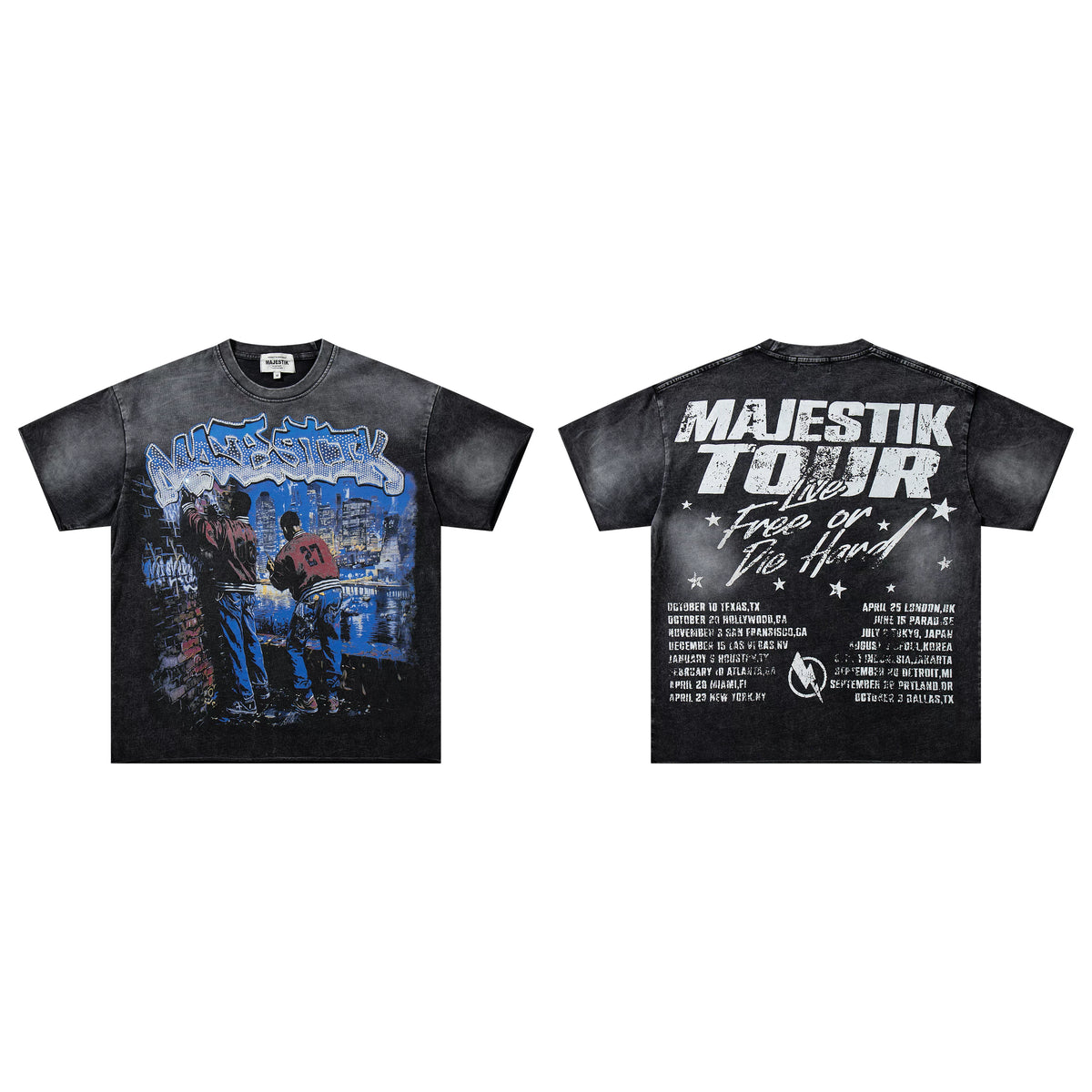 Majestik Tour Live Free Or Die Hard City Graffiti Vintage Washed Oversized Graphic Tee