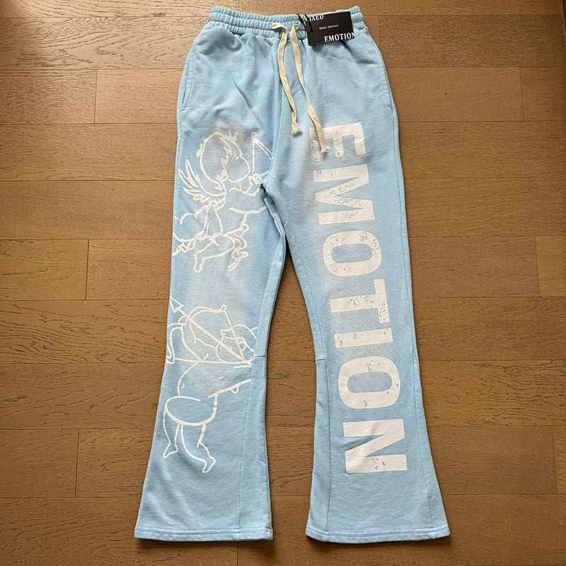 MIXED EMOTION Cupid Angel Print Vintage Washed Light Blue Flared Sweatpants