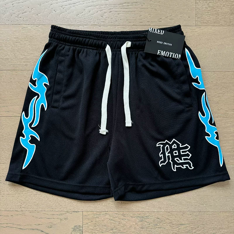 Mixed EMOTION Blue Flame Graphic ME Monogram Black Mesh Shorts