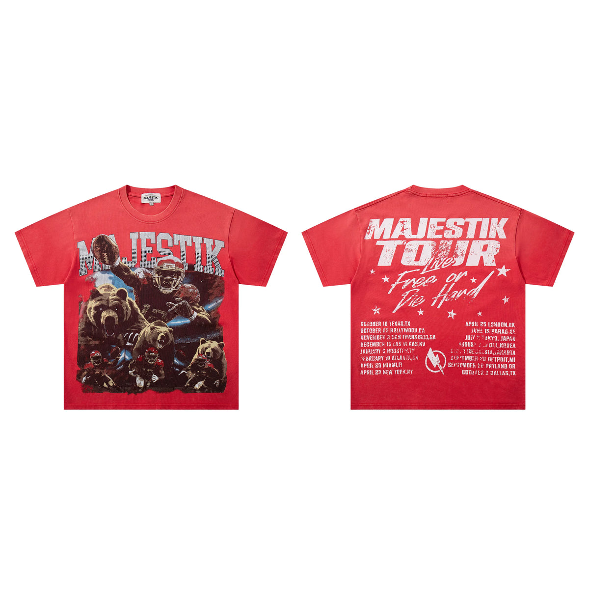 Majestik Tour Free Or Die Hard Football Bear Vintage Washed Red Oversized Graphic Tee