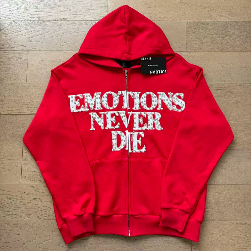 Mixed EMOTION Never Die Studded ME Monogram Red Full‑Zip Hoodie