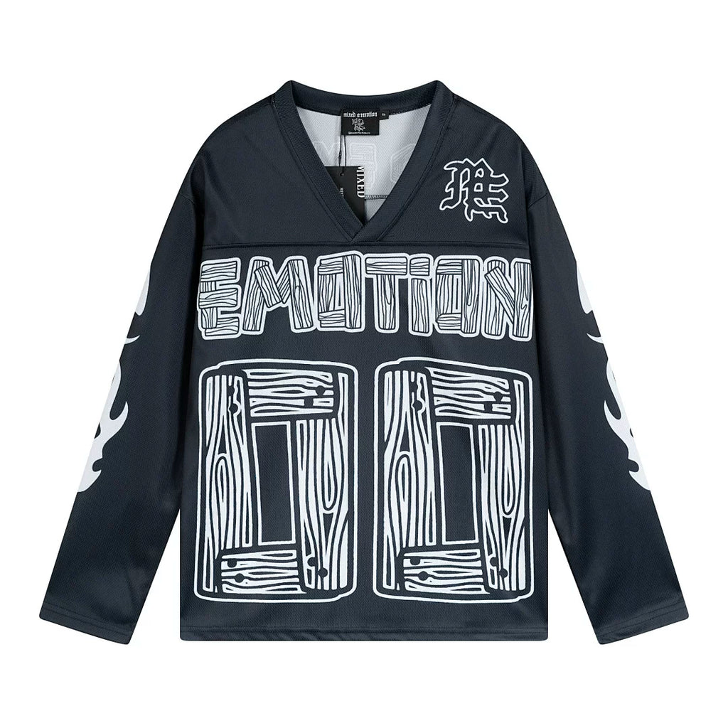 MIXED EMOTION Woodgrain 00 Football Jersey Black V‑Neck Long Sleeve
