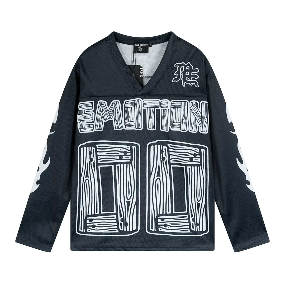 MIXED EMOTION Woodgrain 00 Football Jersey Black V‑Neck Long Sleeve