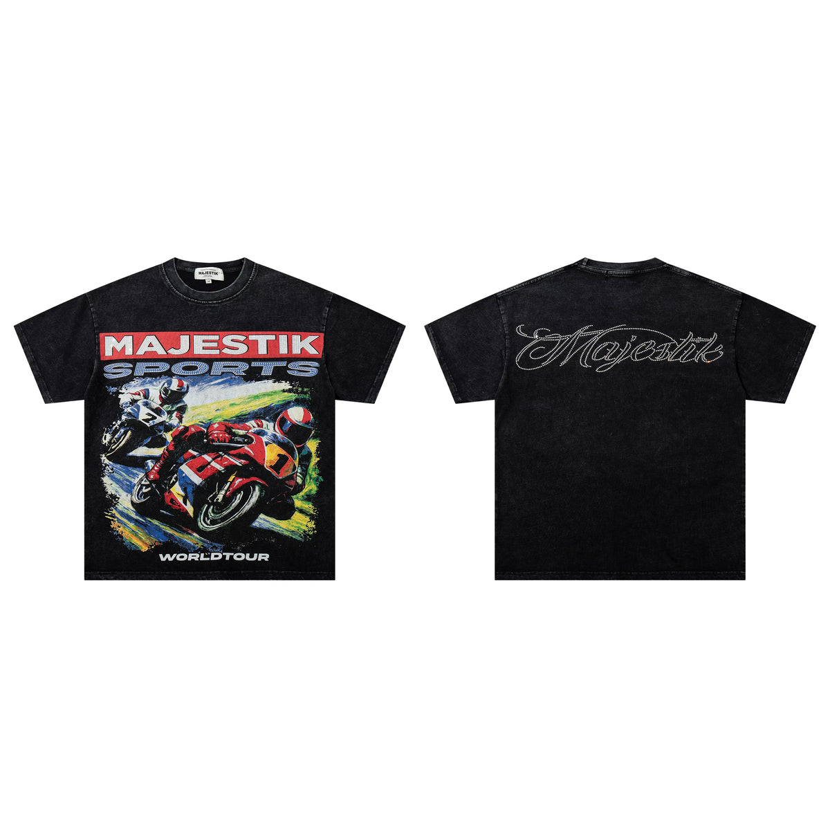 Majestik Sports World Tour Motorcycle Racing Black Vintage Washed Oversized Graphic Tee