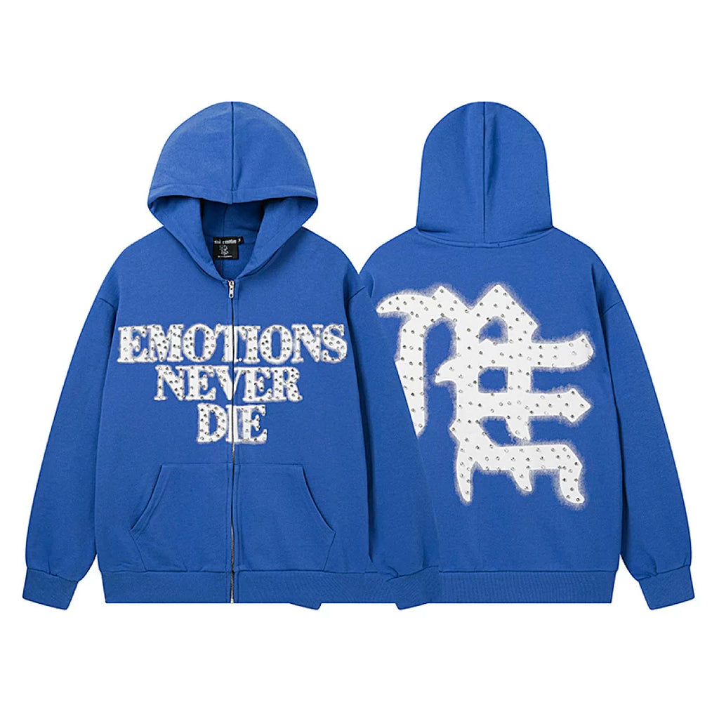 Mixed EMOTION Never Die Studded ME Monogram Royal Blue Full‑Zip Hoodie