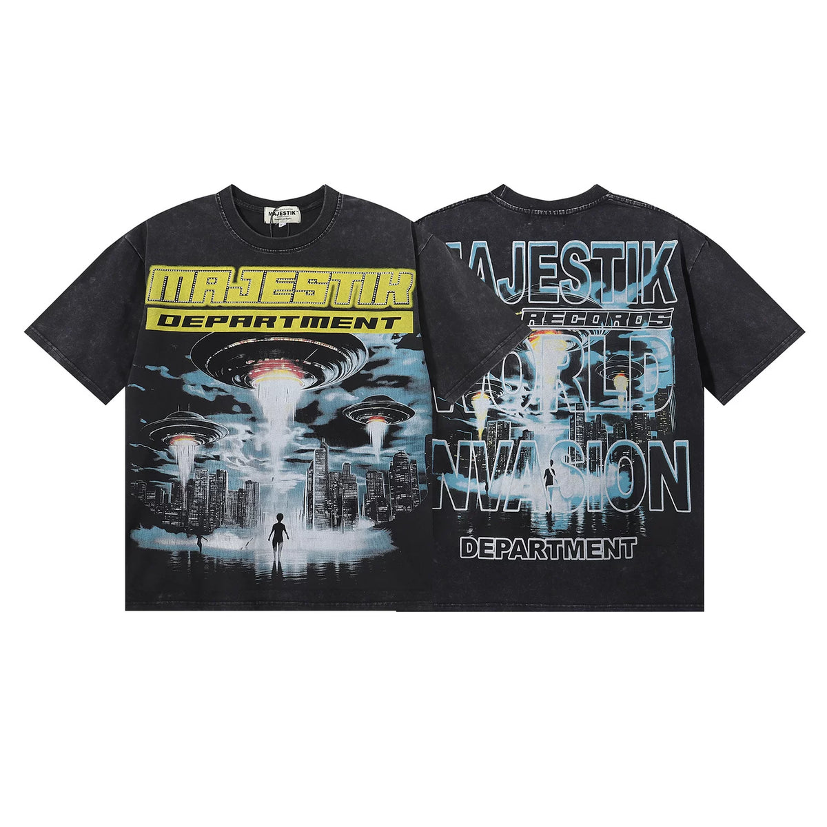 Majestik World Invasion UFO City Vintage Washed Oversized Graphic Tee