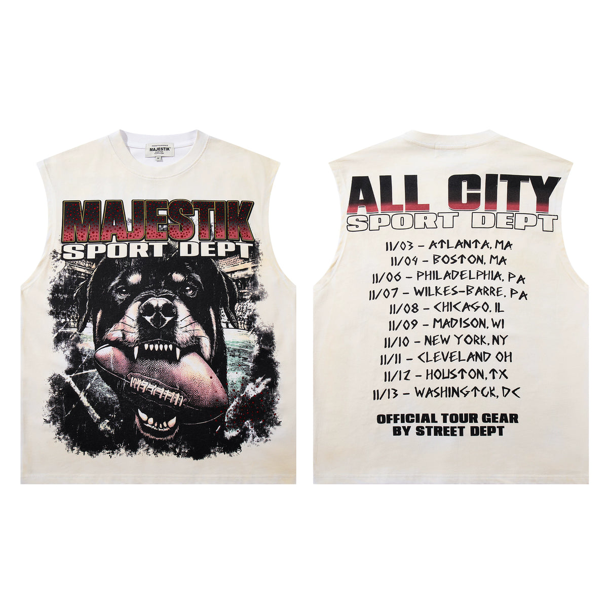 Majestik Sport Dept Rottweiler Dog Football All City Official Tour Gear Vintage Washed White Sleeveless Tank Top