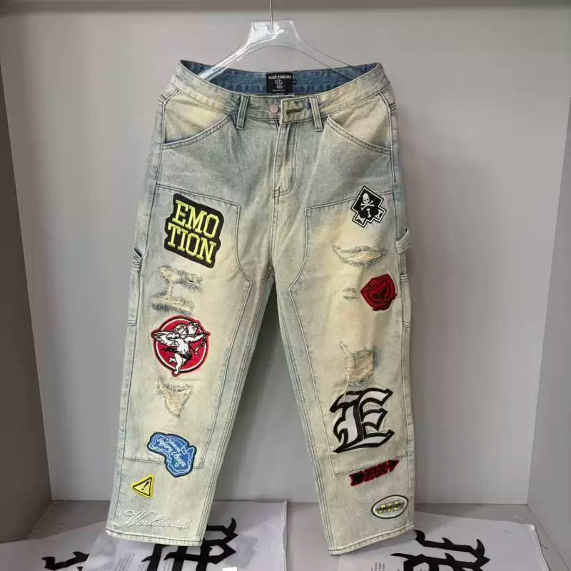 Mixed EMOTION Distressed Multi‑Patch Embroidered Carpenter Jeans
