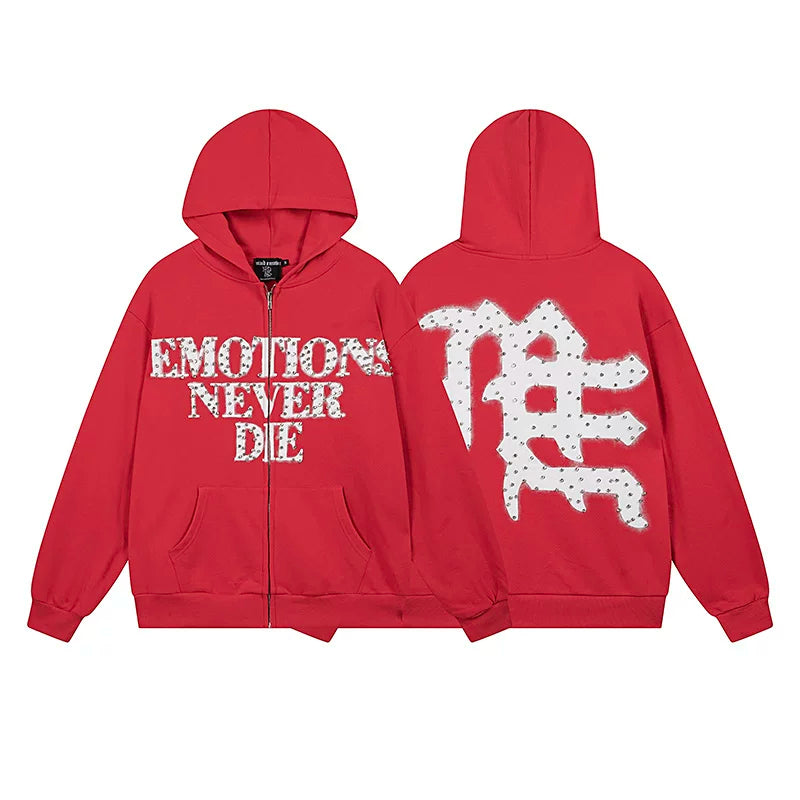 Mixed EMOTION Never Die Studded ME Monogram Red Full‑Zip Hoodie