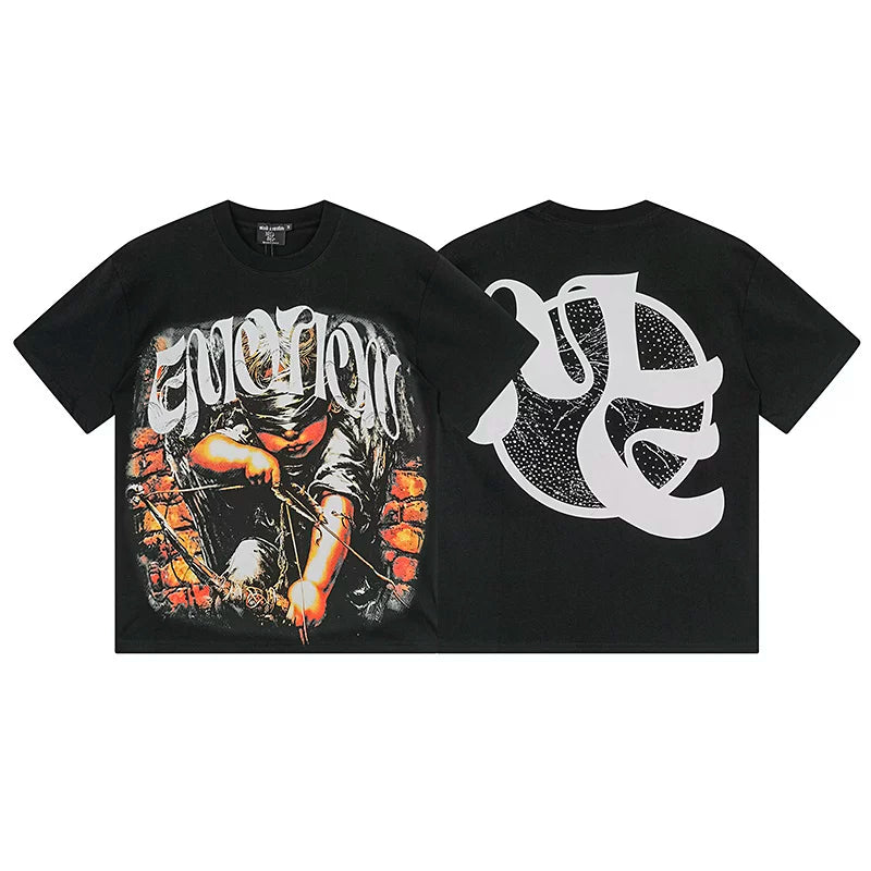 Mixed EMOTION Blindfolded Cupid Archer Gothic Letter Black Oversized Graphic Tee