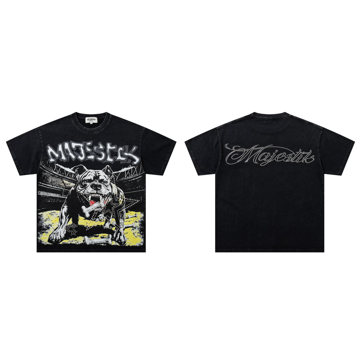 Majestik Fierce Bulldog Stadium Vintage Washed Black Oversized Graphic Tee