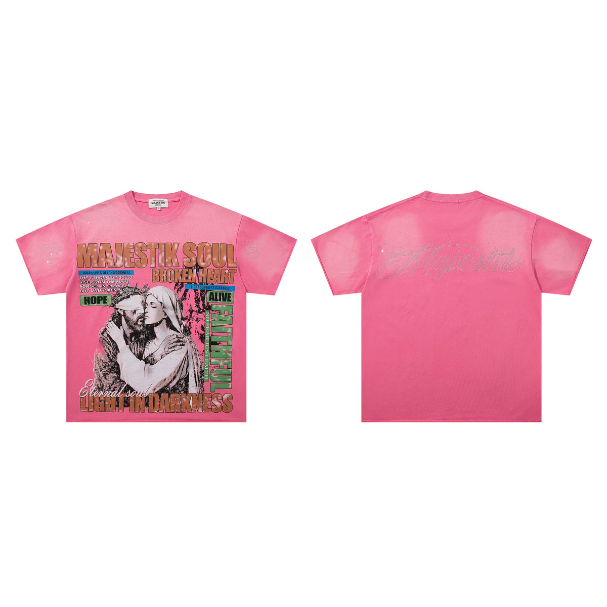 Majestik Soul Broken Heart Light In Darkness Religious Vintage Washed Hot Pink Oversized Graphic Tee Unisex Street‑wear T‑Shirt