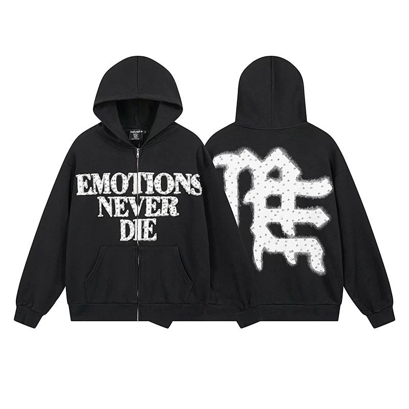 Mixed EMOTION Never Die Studded Chinese Character Black Full‑Zip Hoodie