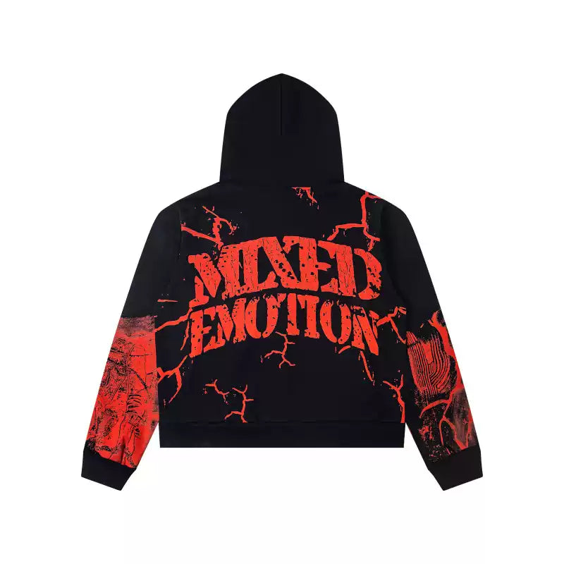 Mixed EMOTION Skeleton Cowboy Lightning Vintage Washed Black Full‑Zip Hoodie