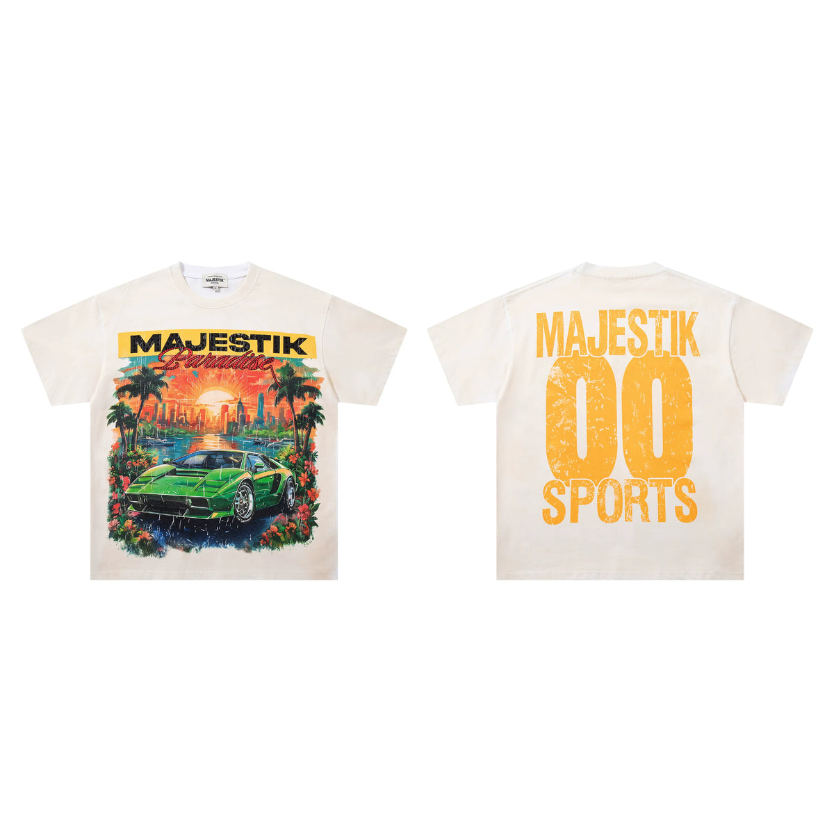 Majestik Paradise Supercar Sunset City Vintage Washed Oversized Graphic Tee
