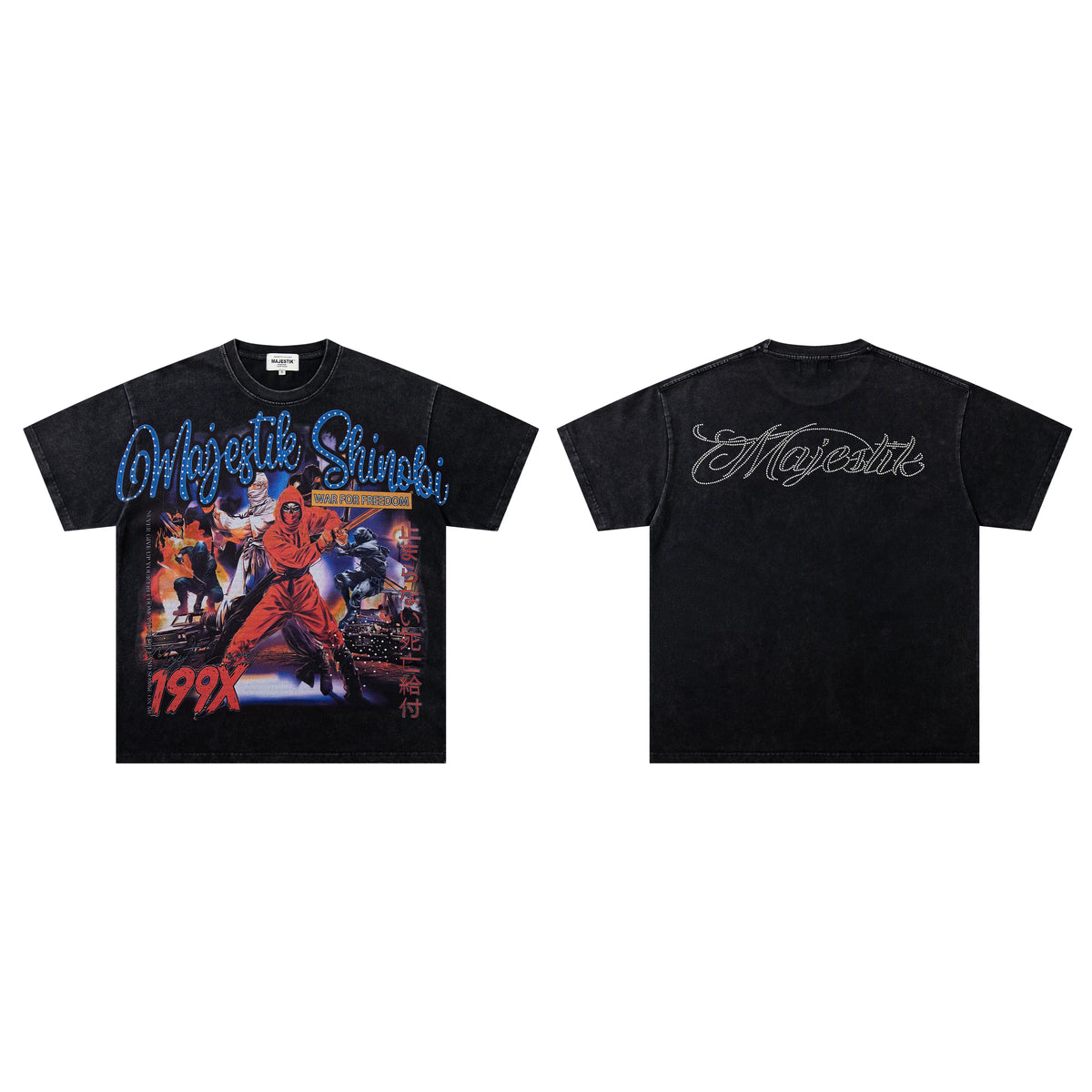 Majestik Shinobi 199X Retro Ninja Warriors Vintage Washed Black Oversized Graphic Tee